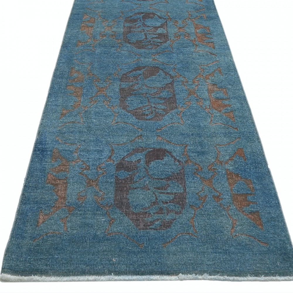Hand Knotted Blue, Brown Long Runner Rug | Turkish Floral Hallway Rug | 100% Wool