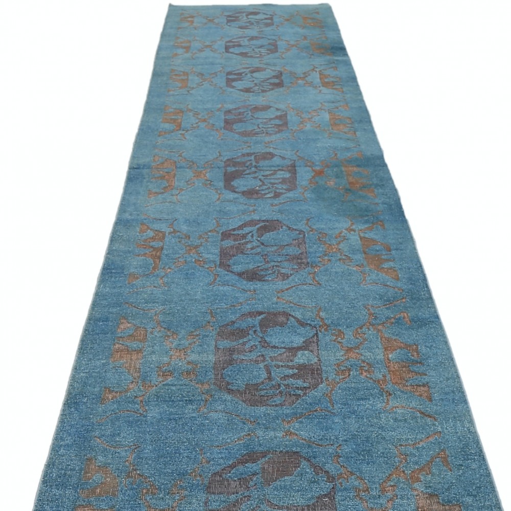 Hand Knotted Blue, Brown Long Runner Rug | Turkish Floral Hallway Rug | 100% Wool