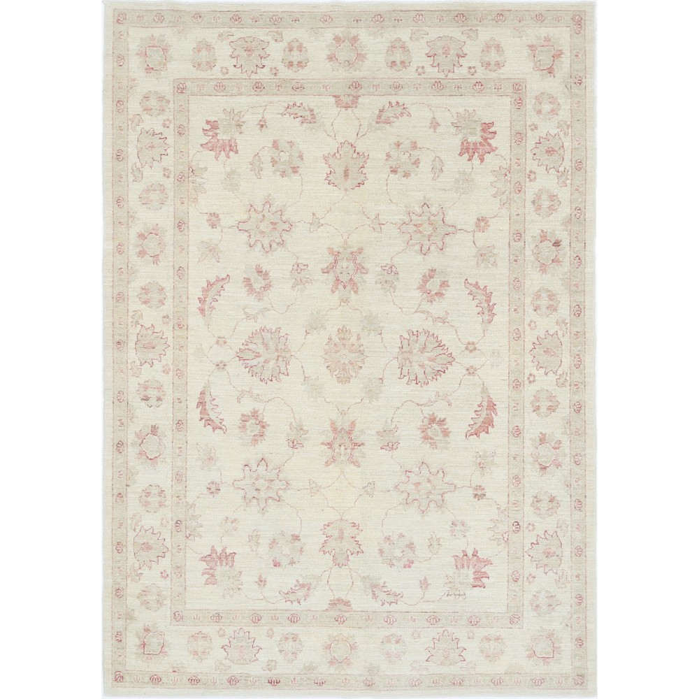 Hand Knotted Oushak Wool Rug | Beige Turkish Carpet with All-Over Floral Design