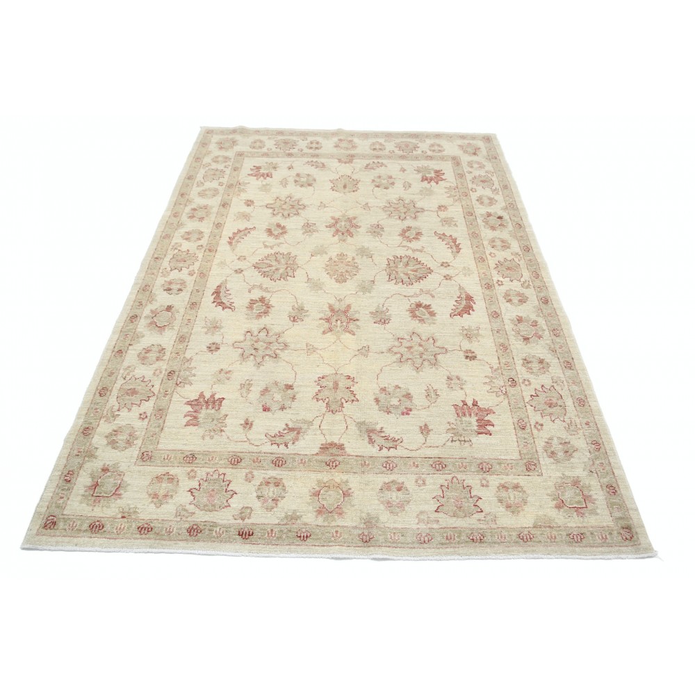 Hand Knotted Oushak Wool Rug | Beige Turkish Carpet with All-Over Floral Design