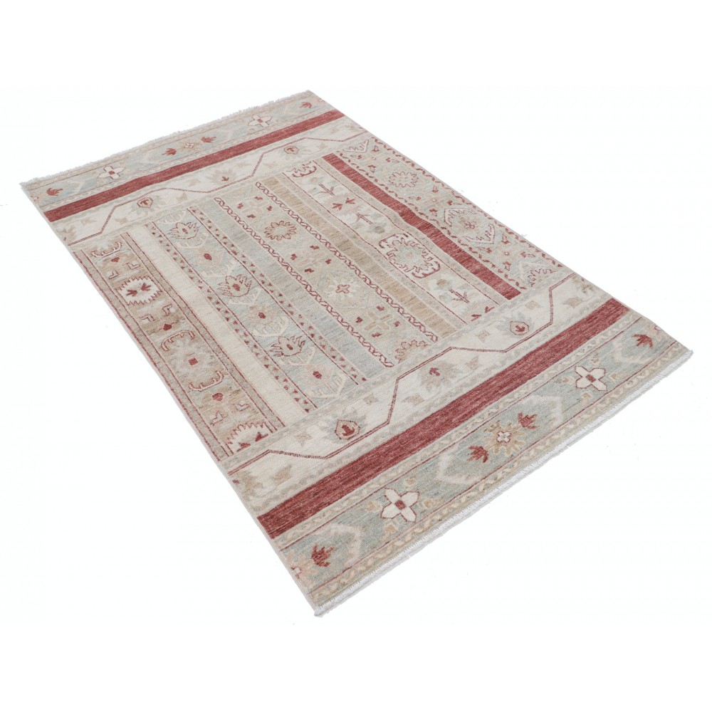 Hand Knotted Beige, Red Wool Area Rug | Turkish Geometric Motif Accent Rug