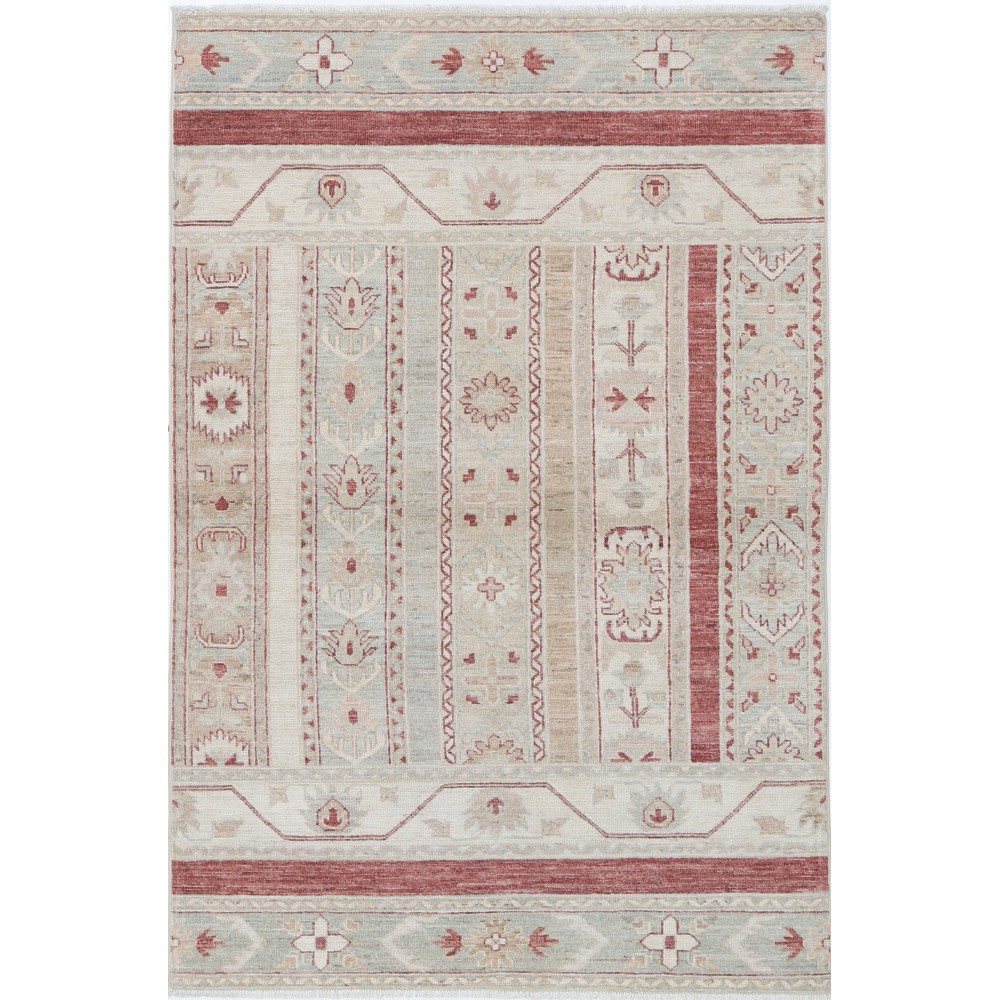 Hand Knotted Beige, Red Wool Area Rug | Turkish Geometric Motif Accent Rug
