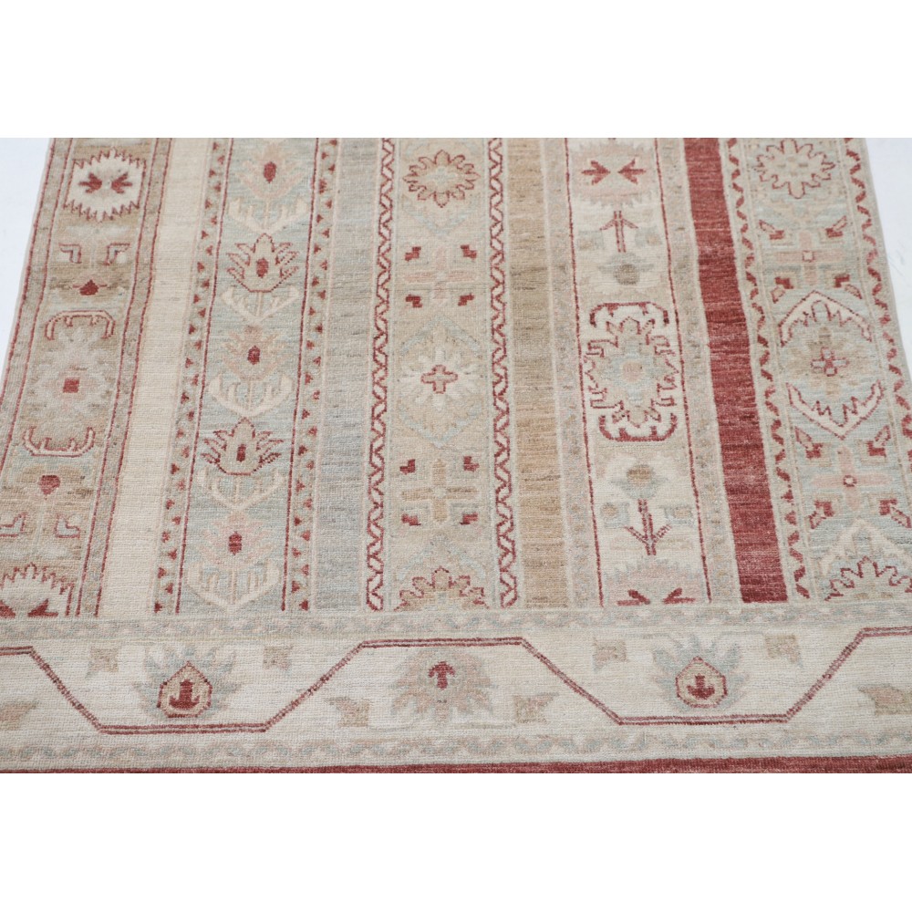 Hand Knotted Beige, Red Wool Area Rug | Turkish Geometric Motif Accent Rug