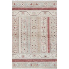 Hand Knotted Beige, Red Wool Area Rug | Turkish Geometric Motif Accent Rug