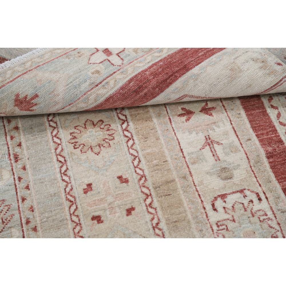 Hand Knotted Beige, Red Wool Area Rug | Turkish Geometric Motif Accent Rug