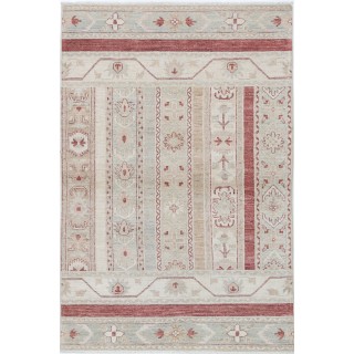 Hand Knotted Beige, Red Wool Area Rug | Turkish Geometric Motif Accent Rug