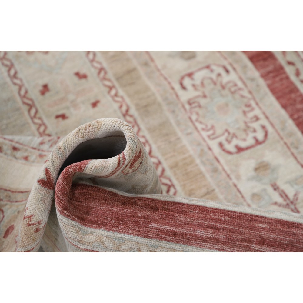 Hand Knotted Beige, Red Wool Area Rug | Turkish Geometric Motif Accent Rug