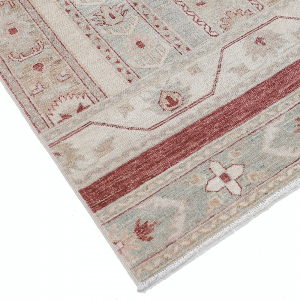 Hand Knotted Beige, Red Wool Area Rug | Turkish Geometric Motif Accent Rug
