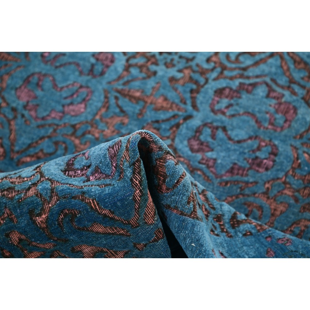 Hand Knotted Blue and Plum Wool Rug | Turkish Ornamental Geometric Design Accent Rug Hand Knotted Blue and Plum Wool Rug | Turkish Ornamental Geometric Design Accent Rug