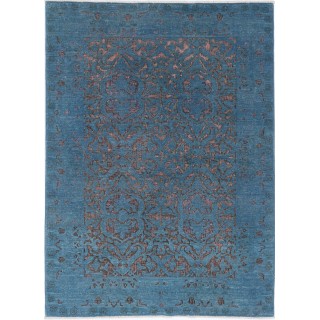 Hand Knotted Blue and Plum Wool Rug | Turkish Ornamental Geometric Design Accent Rug