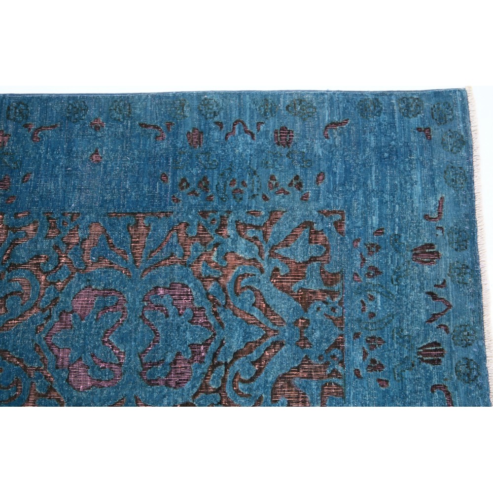 Hand Knotted Blue and Plum Wool Rug | Turkish Ornamental Geometric Design Accent Rug Hand Knotted Blue and Plum Wool Rug | Turkish Ornamental Geometric Design Accent Rug