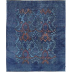 Hand Knotted Navy Blue, Turquoise and Rust Wool Area Rug | Turkish Damask Floral Design Carpet