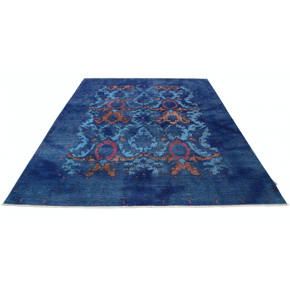 Hand Knotted Navy Blue, Turquoise and Rust Wool Area Rug | Turkish Damask Floral Design Carpet Hand Knotted Navy Blue, Turquoise and Rust Wool Area Rug | Turkish Damask Floral Design Carpet