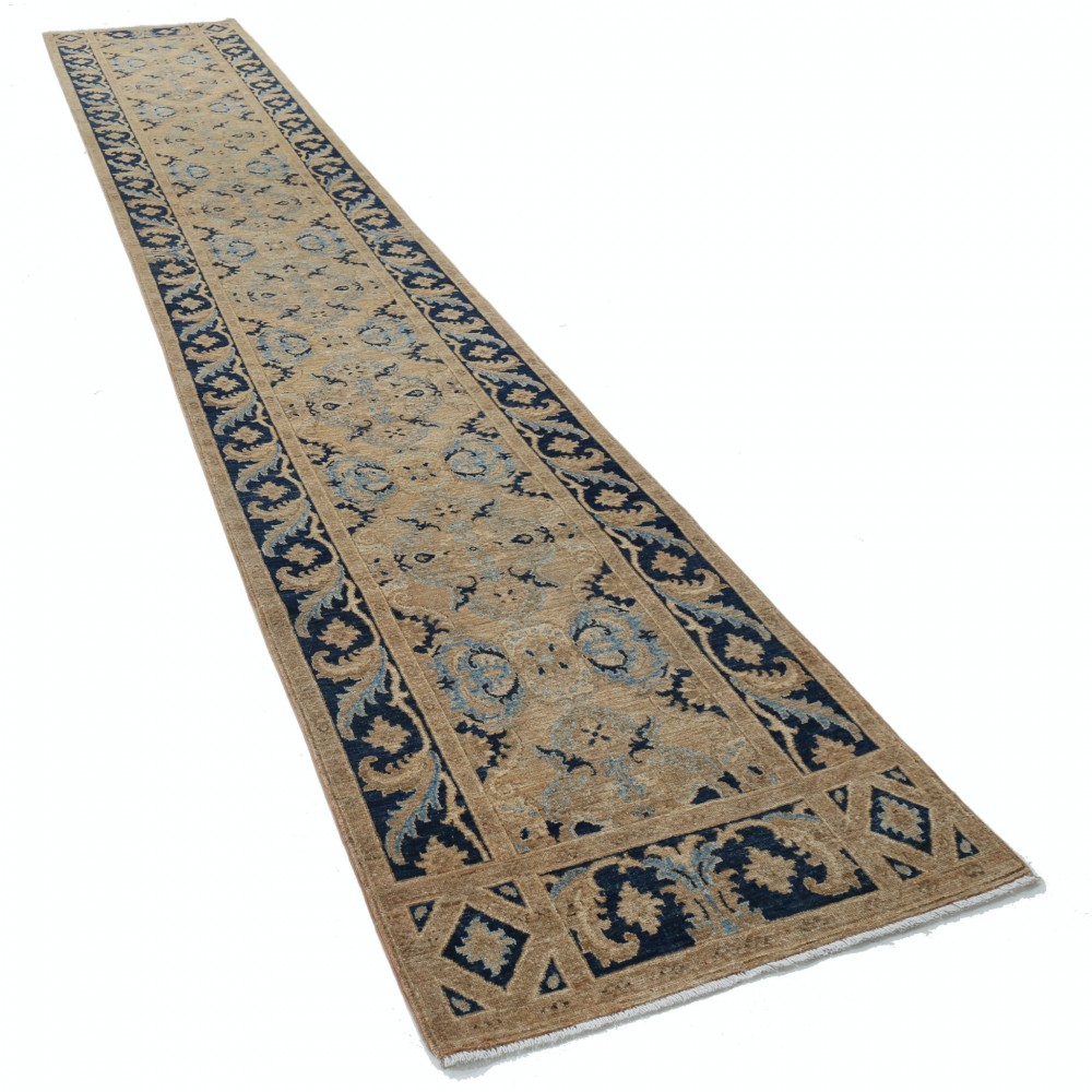Handknotted Beige, Navy Blue, Light Blue Long Runner Rug, 100% Wool Handknotted Beige, Navy Blue, Light Blue Long Runner Rug, 100% Wool