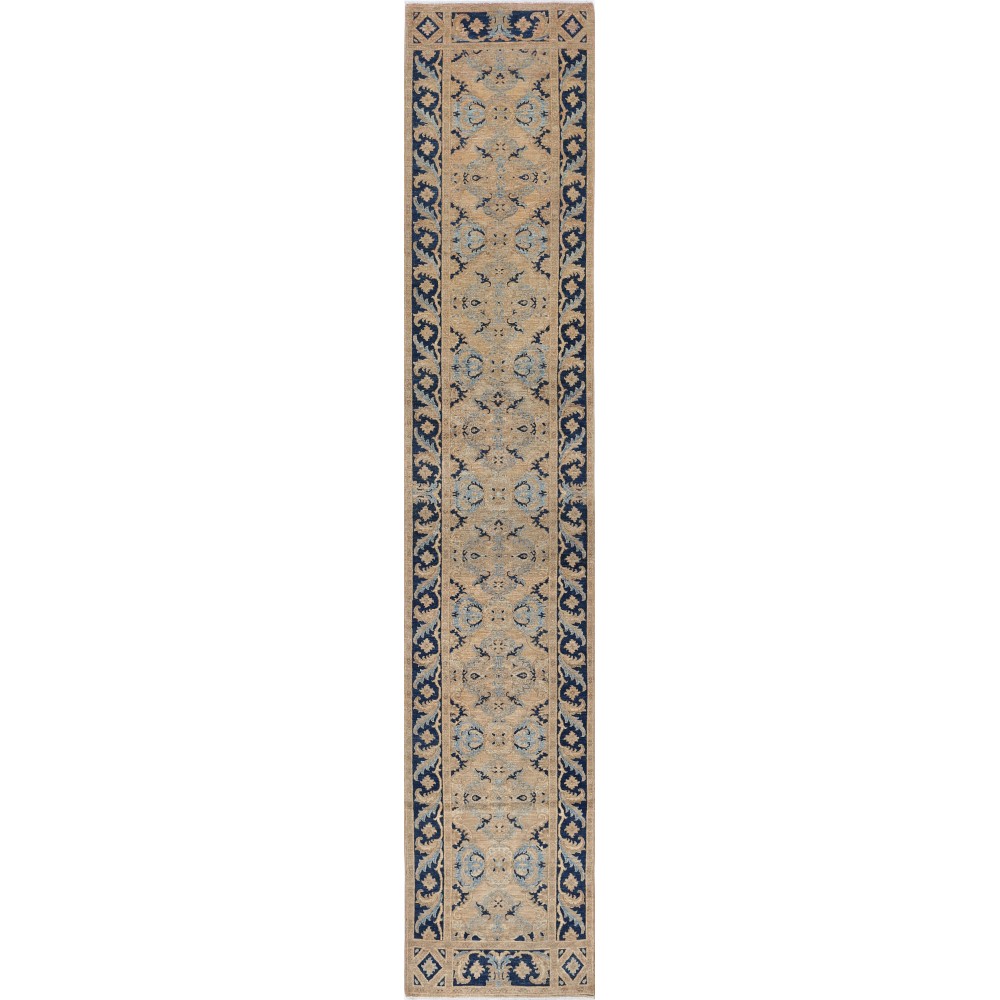 Handknotted Beige, Navy Blue, Light Blue Long Runner Rug, 100% Wool Handknotted Beige, Navy Blue, Light Blue Long Runner Rug, 100% Wool