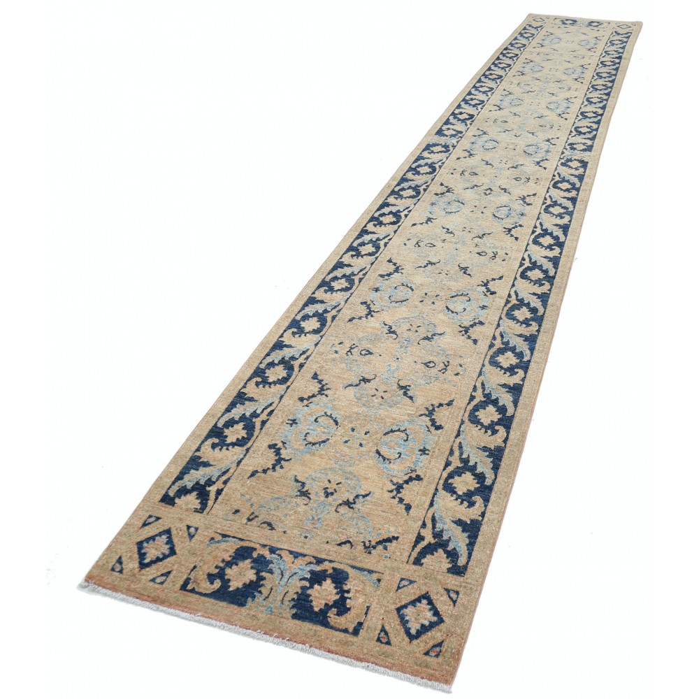Handknotted Beige, Navy Blue, Light Blue Long Runner Rug, 100% Wool Handknotted Beige, Navy Blue, Light Blue Long Runner Rug, 100% Wool