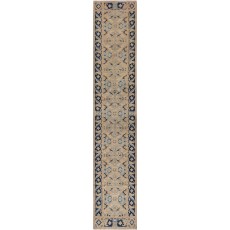 Handknotted Beige, Navy Blue, Light Blue Long Runner Rug, 100% Wool