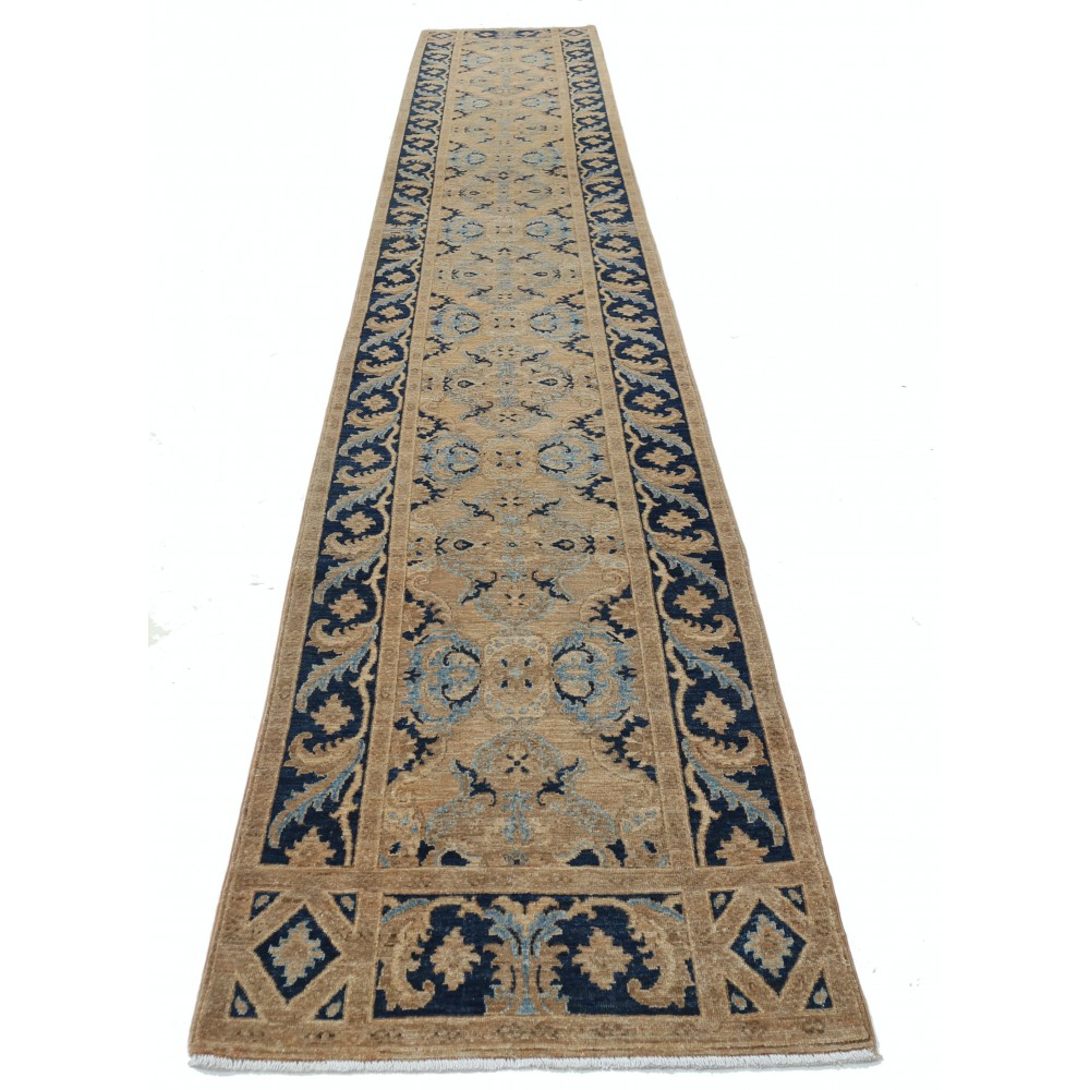 Handknotted Beige, Navy Blue, Light Blue Long Runner Rug, 100% Wool Handknotted Beige, Navy Blue, Light Blue Long Runner Rug, 100% Wool