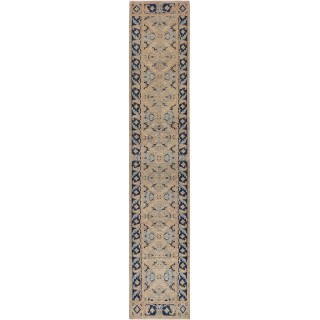 Handknotted Beige, Navy Blue, Light Blue Long Runner Rug, 100% Wool