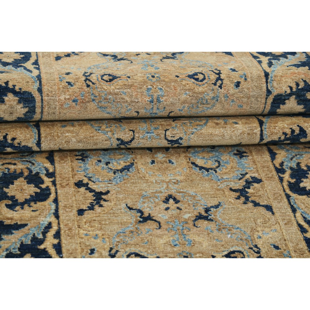 Handknotted Beige, Navy Blue, Light Blue Long Runner Rug, 100% Wool Handknotted Beige, Navy Blue, Light Blue Long Runner Rug, 100% Wool