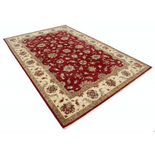 Hand Knotted Floral Area Rug with Red Field and Beige Border | Traditional Oushak Wool Carpet