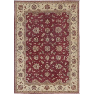 Hand Knotted Floral Area Rug with Red Field and Beige Border | Traditional Oushak Wool Carpet