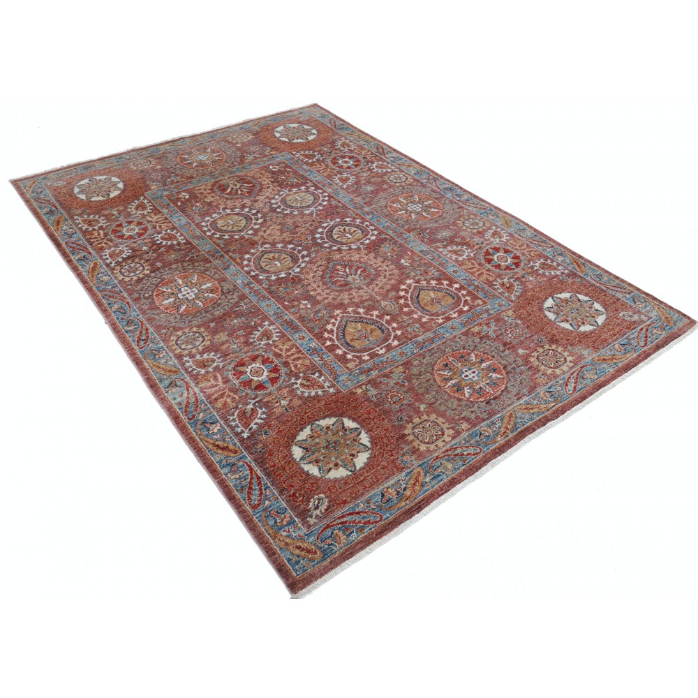 Hand Knotted Rust, Light Blue, Beige Wool Rug | Traditional Floral Patterned Carpet