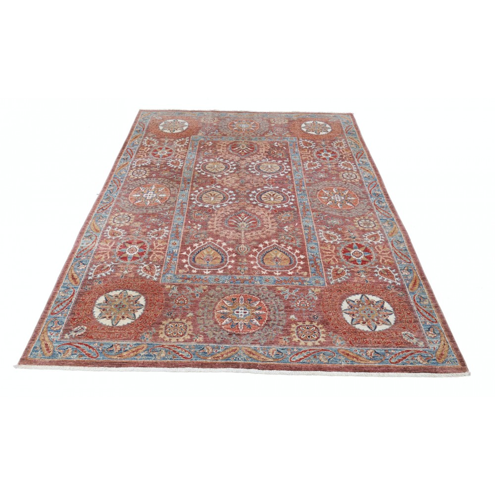 Hand Knotted Rust, Light Blue, Beige Wool Rug | Traditional Floral Patterned Carpet