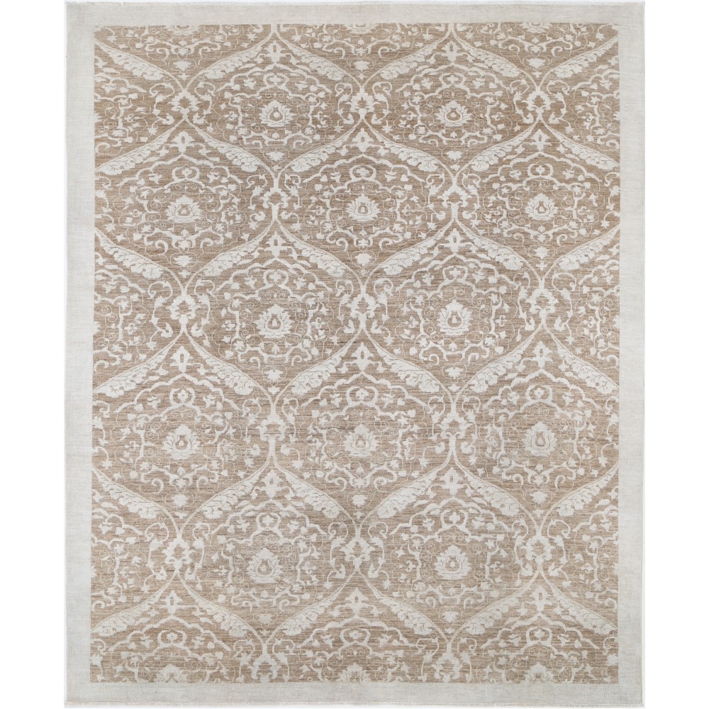 Hand Knotted Wool Area Rug, Taupe and Ivory Decorative Carpet with Repeating Medallion Pattern for Living Room Hand Knotted Wool Area Rug, Taupe and Ivory Decorative Carpet with Repeating Medallion Pattern for Living Room