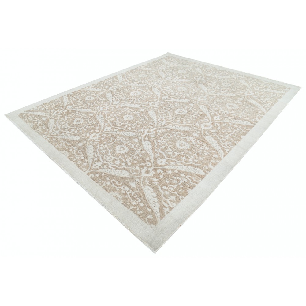 Hand Knotted Wool Area Rug, Taupe and Ivory Decorative Carpet with Repeating Medallion Pattern for Living Room Hand Knotted Wool Area Rug, Taupe and Ivory Decorative Carpet with Repeating Medallion Pattern for Living Room