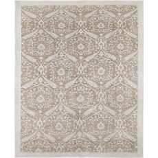 Hand Knotted Wool Area Rug, Taupe and Ivory Decorative Carpet with Repeating Medallion Pattern for Living Room