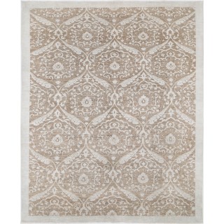 Hand Knotted Wool Area Rug, Taupe and Ivory Decorative Carpet with Repeating Medallion Pattern for Living Room