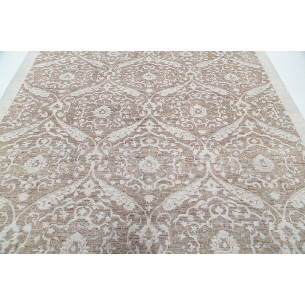 Hand Knotted Wool Area Rug, Taupe and Ivory Decorative Carpet with Repeating Medallion Pattern for Living Room Hand Knotted Wool Area Rug, Taupe and Ivory Decorative Carpet with Repeating Medallion Pattern for Living Room