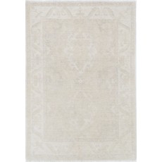 Hand Knotted Oushak Rug | Beige Turkish Accent Rug with All-Over Floral Design | 100% Wool