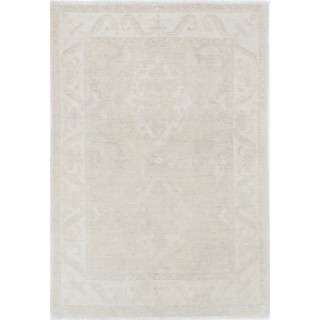 Hand Knotted Oushak Rug | Beige Turkish Accent Rug with All-Over Floral Design | 100% Wool