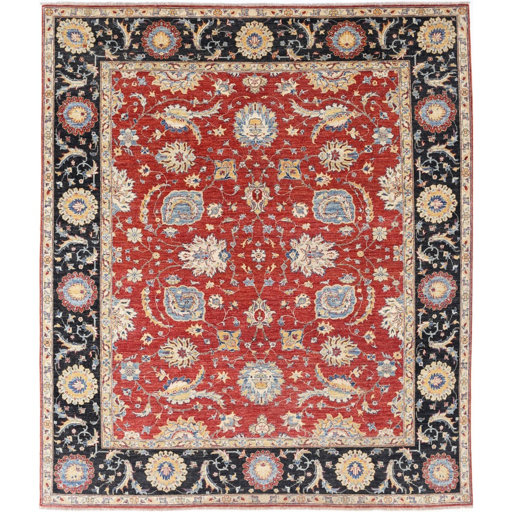 Hand Knotted Red, Navy Blue, Beige Wool Rug | Traditional Floral Oushak Style Carpet Hand Knotted Red, Navy Blue, Beige Wool Rug | Traditional Floral Oushak Style Carpet