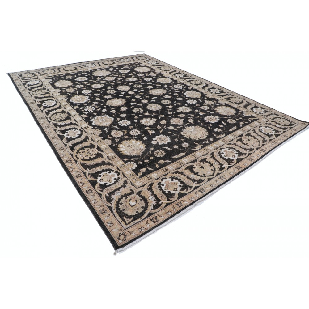 Hand Knotted Wool Area Rug with Black Field and Ivory Border | Floral Oushak Carpet Hand Knotted Wool Area Rug with Black Field and Ivory Border | Floral Oushak Carpet