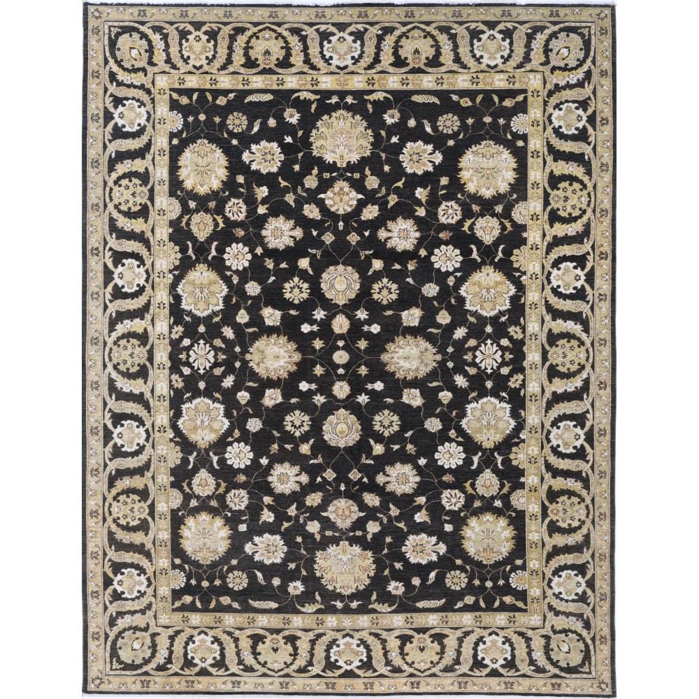 Hand Knotted Wool Area Rug with Black Field and Ivory Border | Floral Oushak Carpet Hand Knotted Wool Area Rug with Black Field and Ivory Border | Floral Oushak Carpet