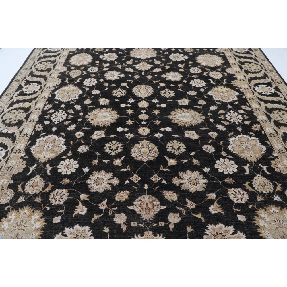 Hand Knotted Wool Area Rug with Black Field and Ivory Border | Floral Oushak Carpet Hand Knotted Wool Area Rug with Black Field and Ivory Border | Floral Oushak Carpet