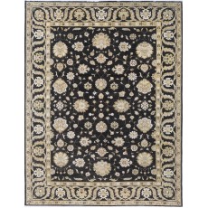 Hand Knotted Wool Area Rug with Black Field and Ivory Border | Floral Oushak Carpet