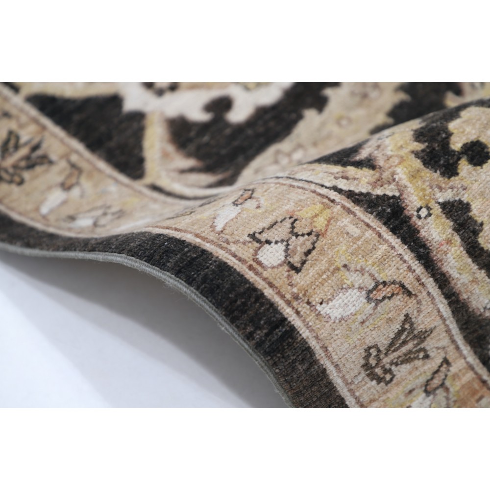 Hand Knotted Wool Area Rug with Black Field and Ivory Border | Floral Oushak Carpet Hand Knotted Wool Area Rug with Black Field and Ivory Border | Floral Oushak Carpet