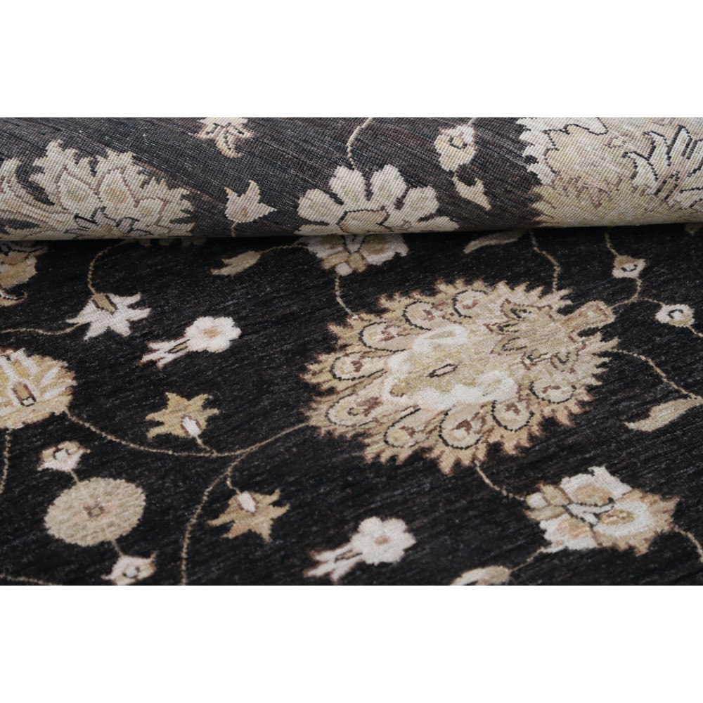 Hand Knotted Wool Area Rug with Black Field and Ivory Border | Floral Oushak Carpet Hand Knotted Wool Area Rug with Black Field and Ivory Border | Floral Oushak Carpet