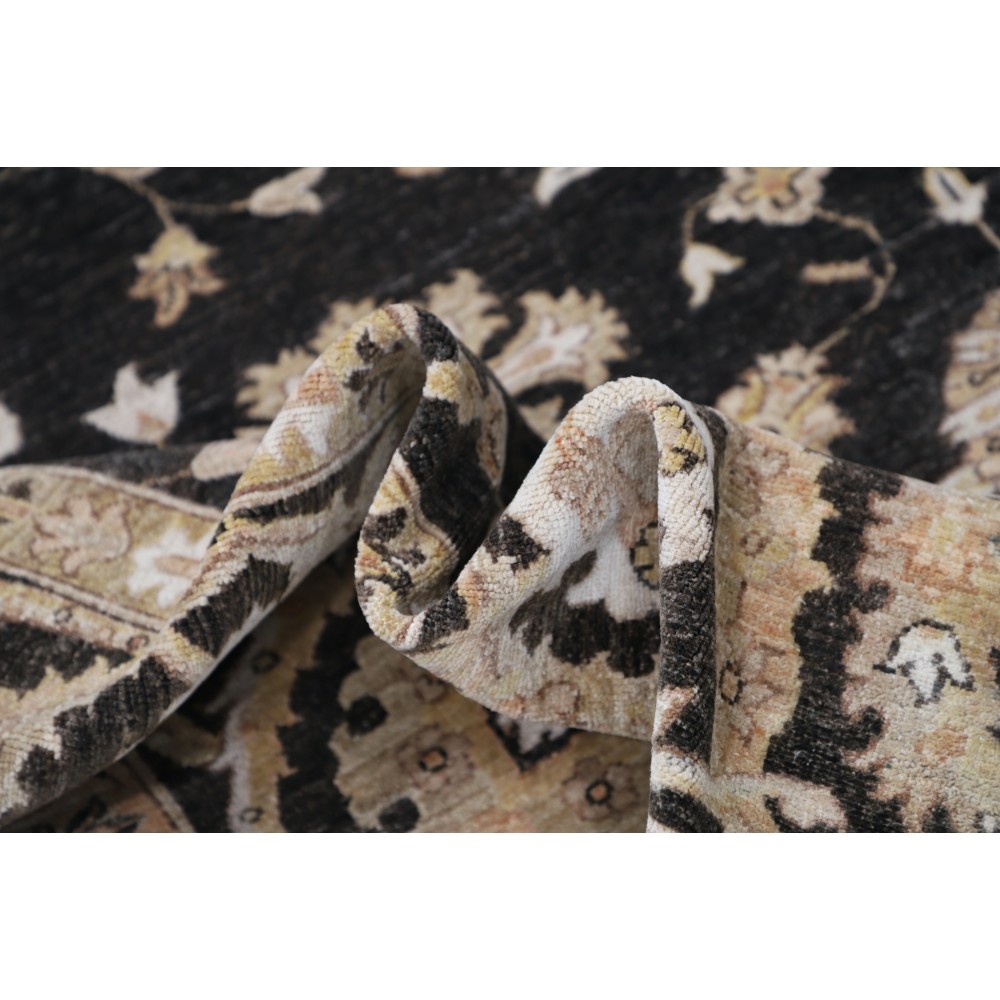 Hand Knotted Wool Area Rug with Black Field and Ivory Border | Floral Oushak Carpet Hand Knotted Wool Area Rug with Black Field and Ivory Border | Floral Oushak Carpet