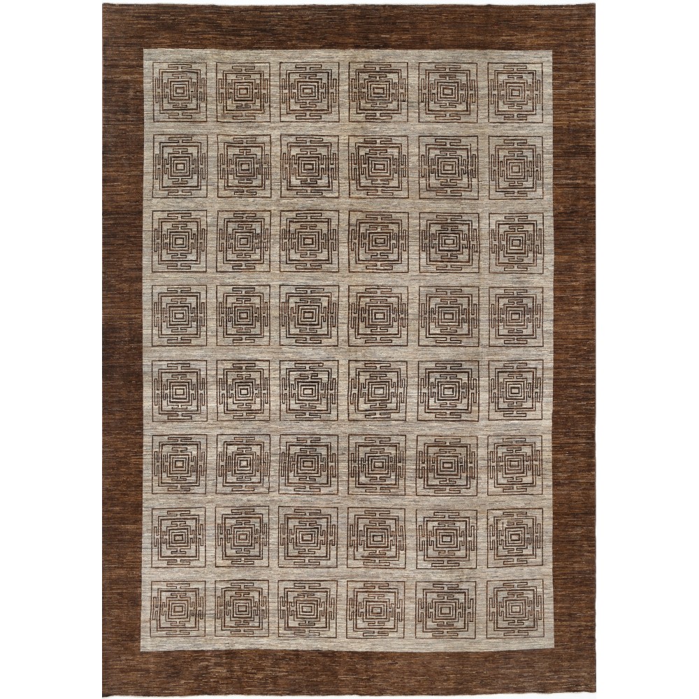 Hand Knotted Brown and Beige Wool Area Rug | Geometric Square Motif Design Carpet Hand Knotted Brown and Beige Wool Area Rug | Geometric Square Motif Design Carpet