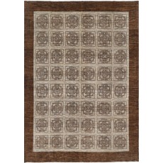 Hand Knotted Brown and Beige Wool Area Rug | Geometric Square Motif Design Carpet