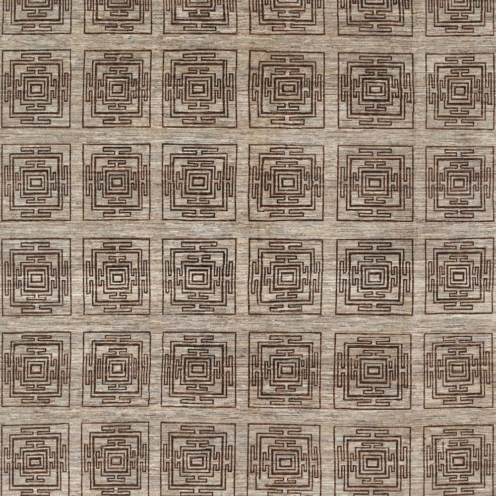 Hand Knotted Brown and Beige Wool Area Rug | Geometric Square Motif Design Carpet Hand Knotted Brown and Beige Wool Area Rug | Geometric Square Motif Design Carpet