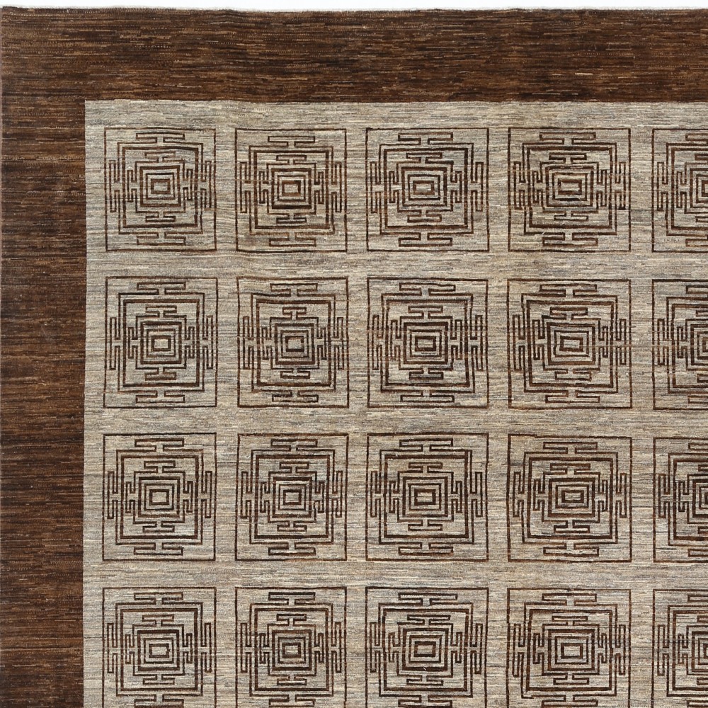 Hand Knotted Brown and Beige Wool Area Rug | Geometric Square Motif Design Carpet Hand Knotted Brown and Beige Wool Area Rug | Geometric Square Motif Design Carpet