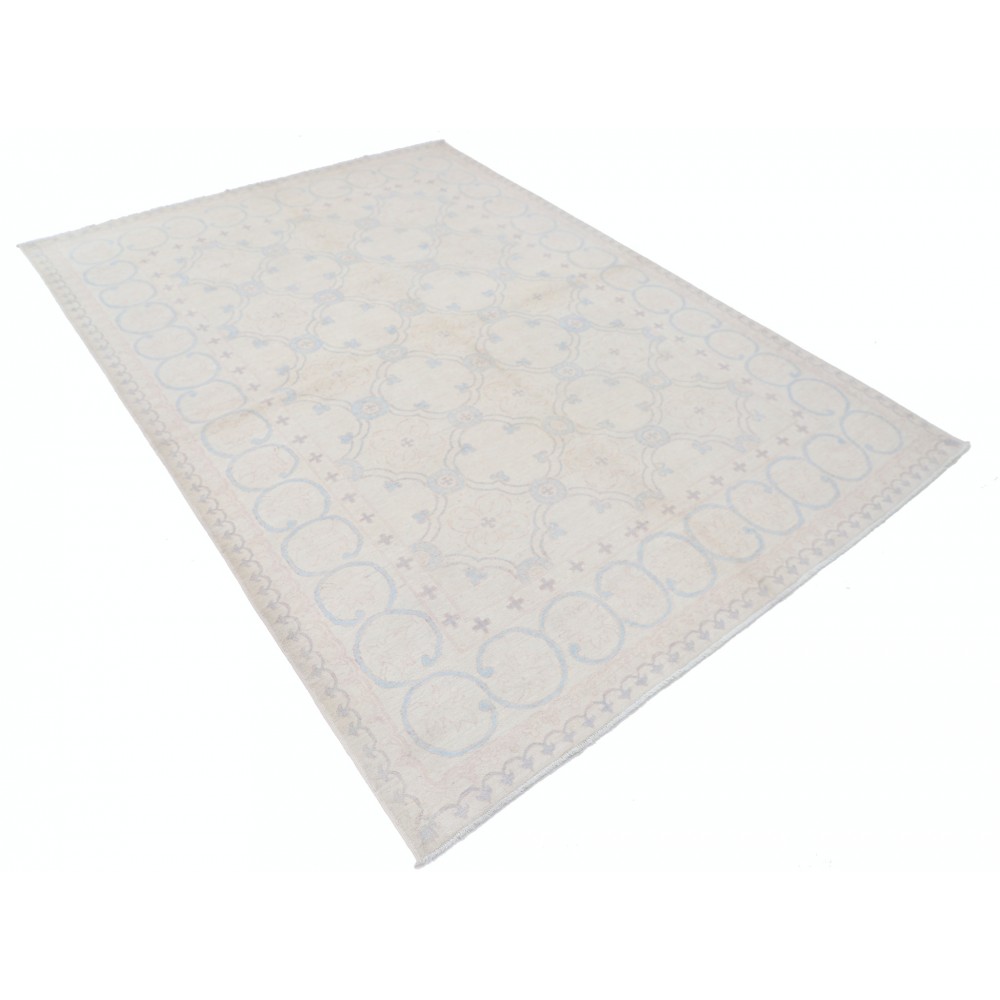 Hand Knotted Turkish Oushak Rug, Beige Wool Area Rug with Light Blue Geometric Motifs Hand Knotted Turkish Oushak Rug, Beige Wool Area Rug with Light Blue Geometric Motifs