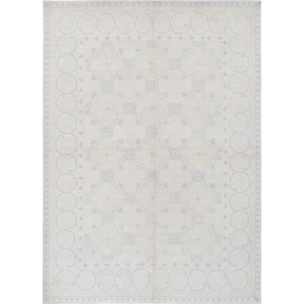 Hand Knotted Turkish Oushak Rug, Beige Wool Area Rug with Light Blue Geometric Motifs Hand Knotted Turkish Oushak Rug, Beige Wool Area Rug with Light Blue Geometric Motifs