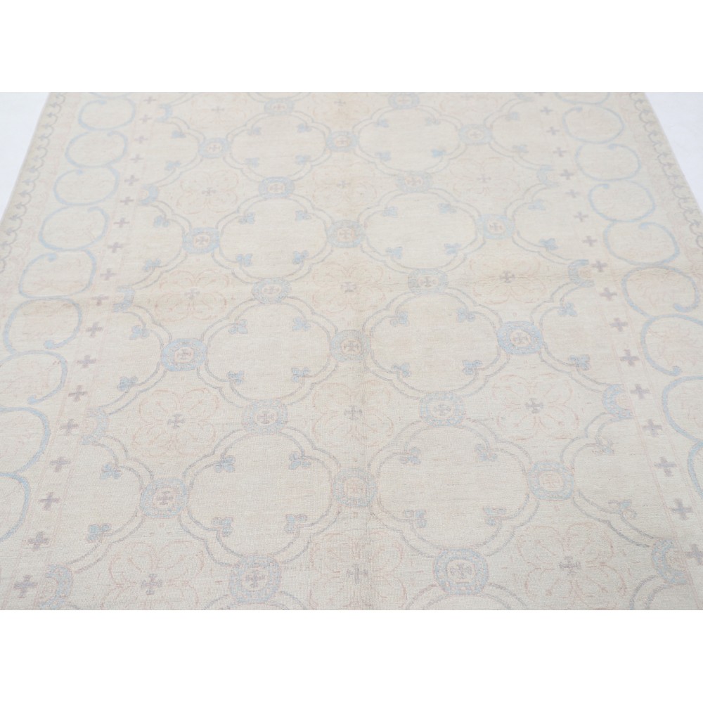 Hand Knotted Turkish Oushak Rug, Beige Wool Area Rug with Light Blue Geometric Motifs Hand Knotted Turkish Oushak Rug, Beige Wool Area Rug with Light Blue Geometric Motifs